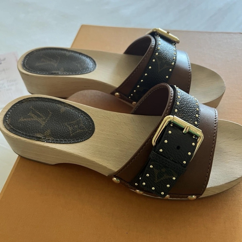 LOUIS VUITTON Brown Leather LV Monogram Cottage Mule Wood Clog Sandals 6.5 - Picture 15 of 17